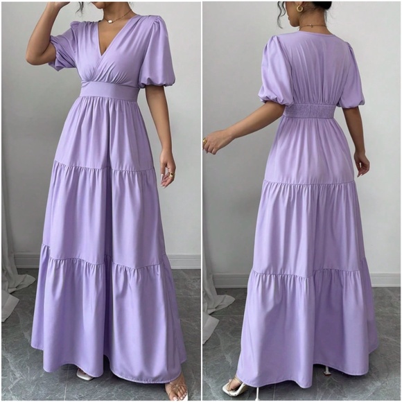 Boho V neck Puff Sleeve Stretchy Waist Ruffle Hem Maxi Dress - Picture 2 of 4